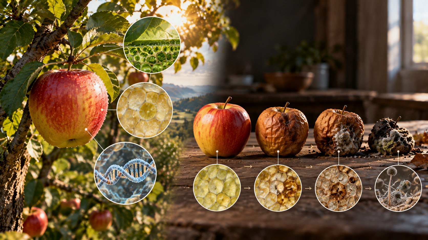 After being separated from the tree, an apple gradually loses its cellular organization and decomposes