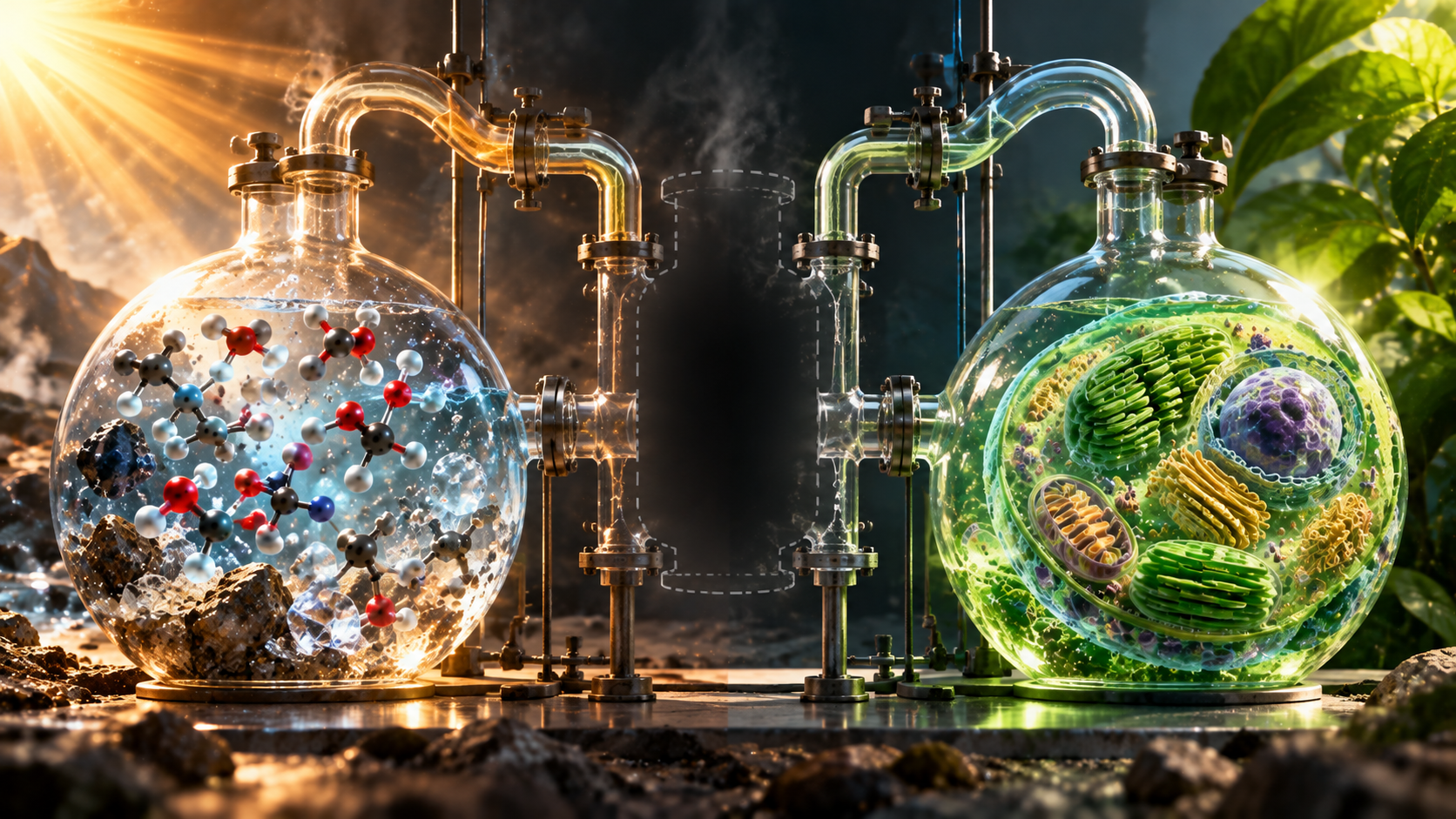 Chemical elements and simple molecules in one system, and a complex, organized living cell in another
