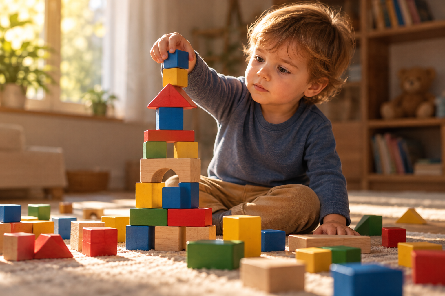 A small child building a tower from colorful wooden blocks
