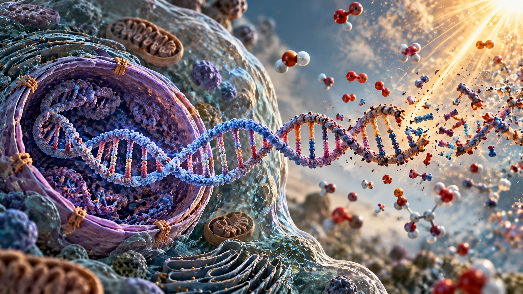 A DNA molecule leaves the cell's protective environment and breaks down under the influence of radiation and chemical processes