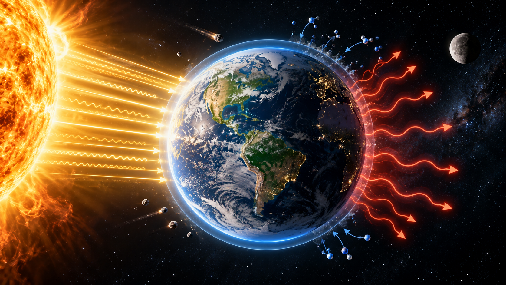 Earth receives energy from the Sun, radiates heat into space, and exchanges small amounts of matter