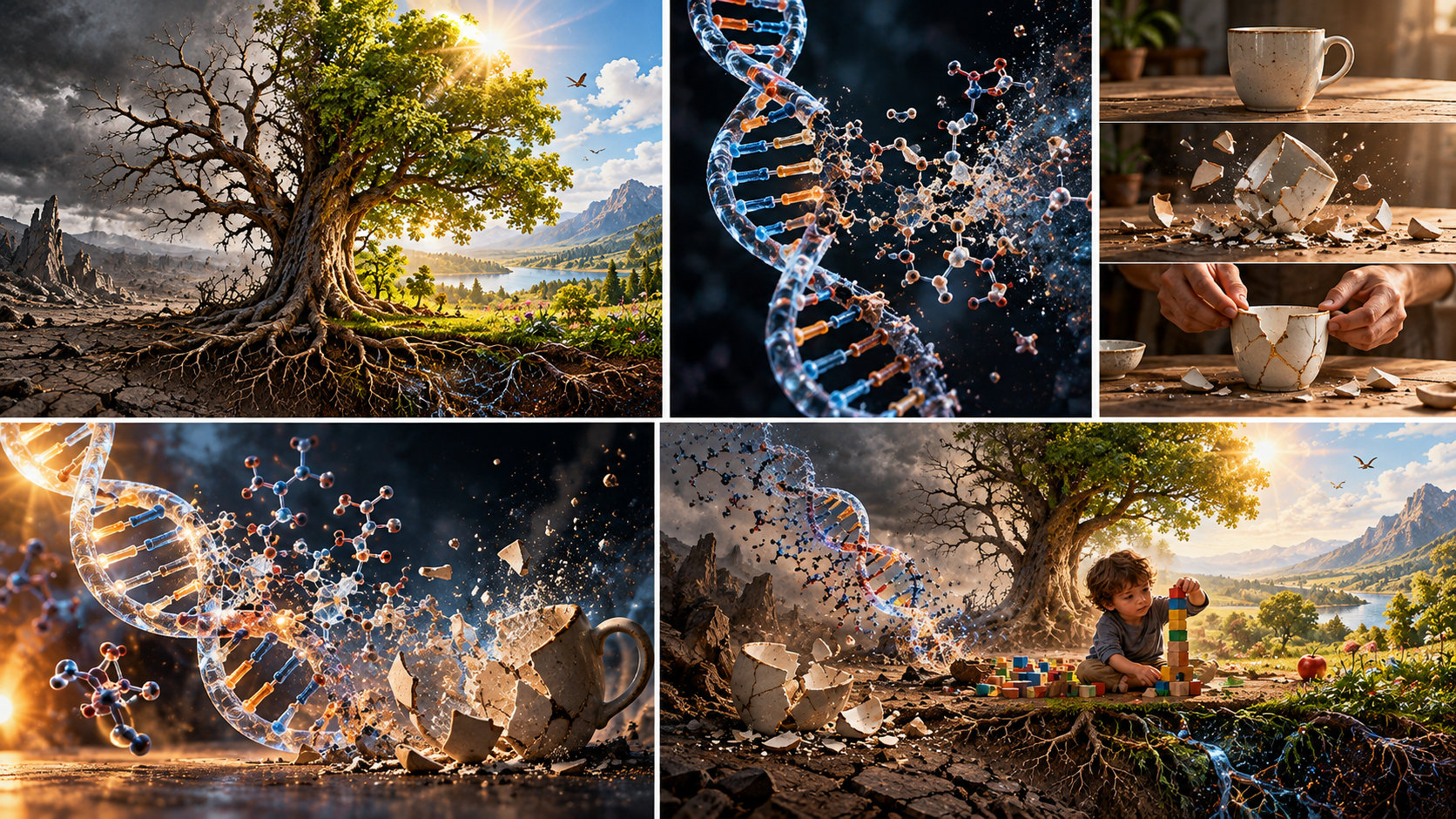 A living tree, a DNA molecule, and a broken cup illustrate order, destruction, and increasing entropy