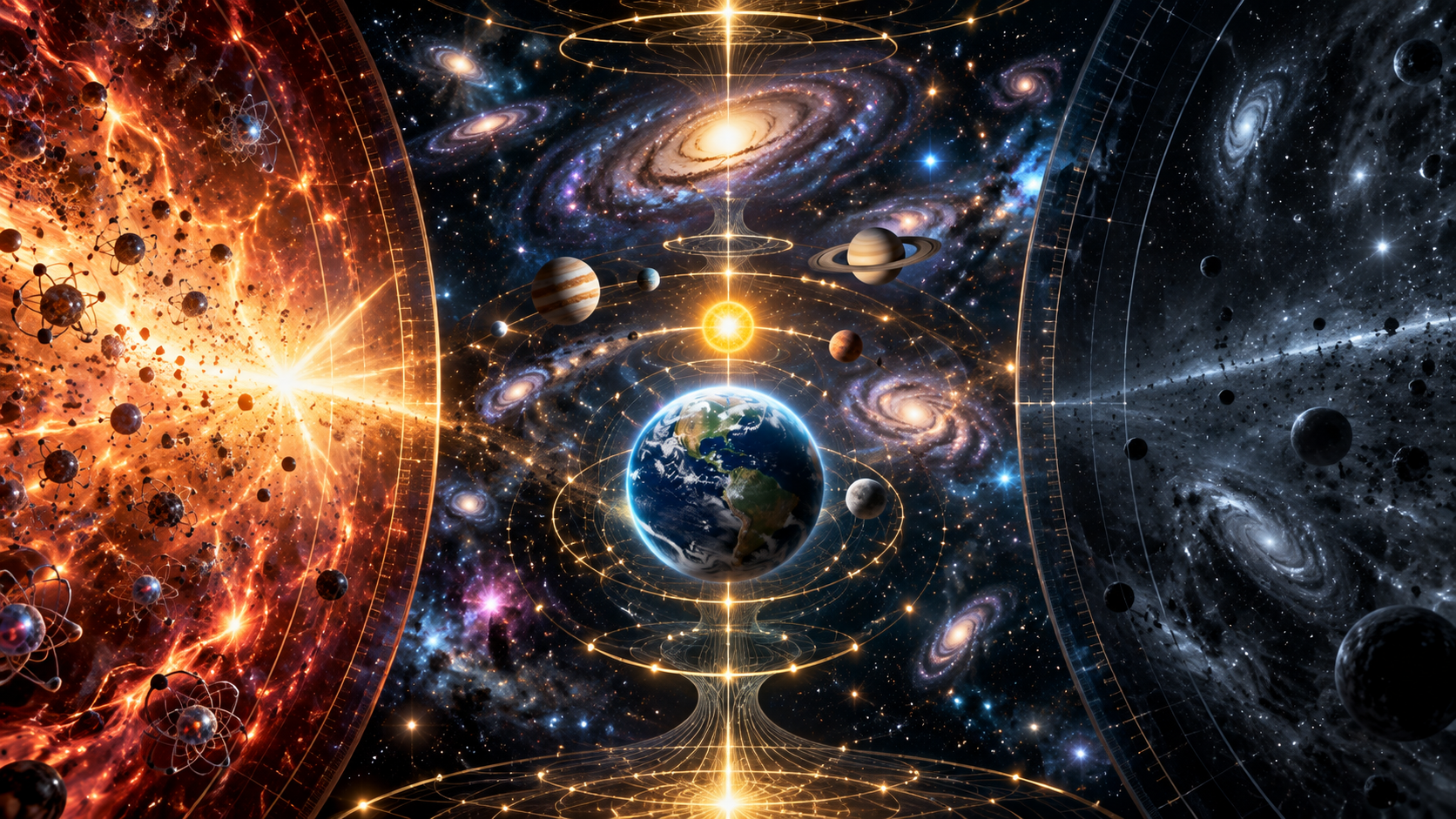 Earth, planets, and galaxies amid ordered cosmic structures, representing the fine-tuning of the Universe