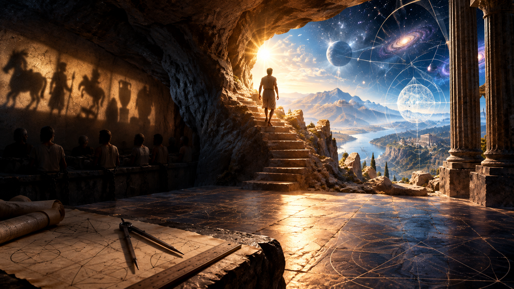A person emerging from Plato's cave into light, geometric forms, and knowledge of the Universe