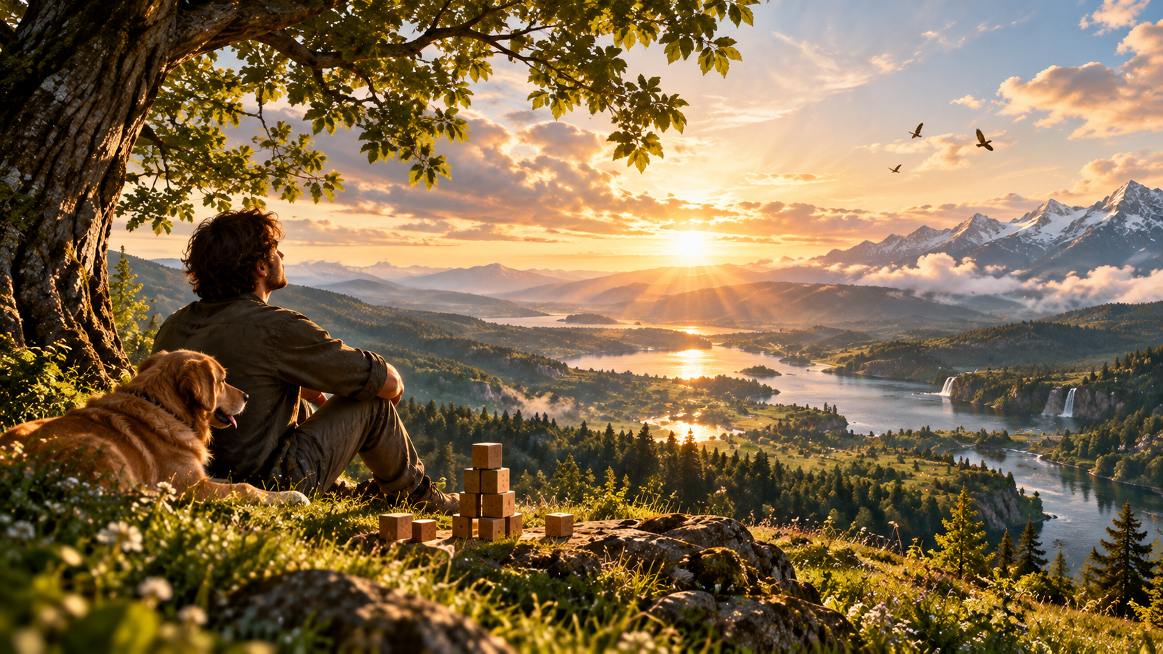 A person and a dog admire the beauty of the created world, with the sun, mountains, forests, and lakes in the background