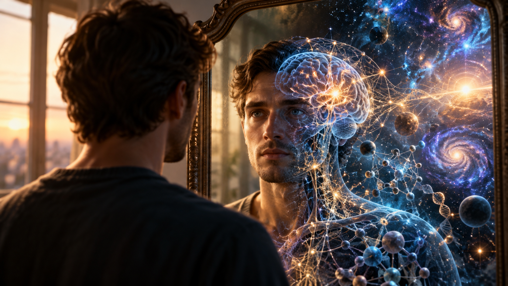 A person looking into a mirror and seeing an image of human consciousness connected to the brain and the Universe