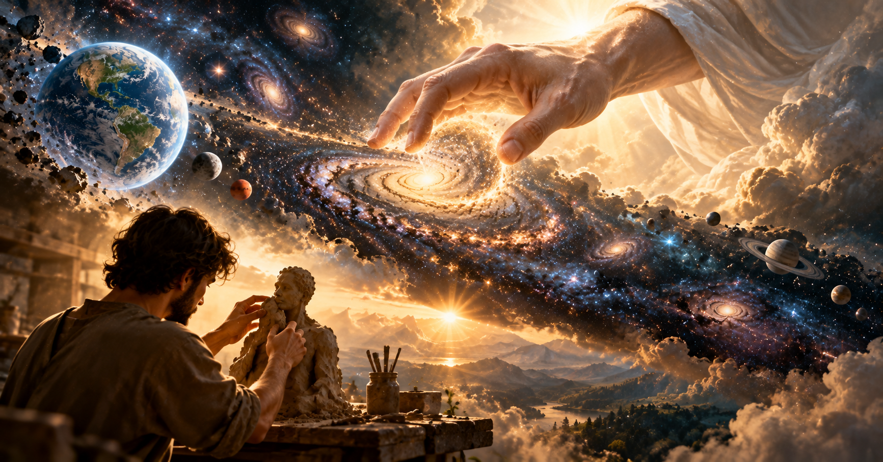 A person creates a sculpture while the Creator's hand arranges galaxies, planets, and the matter of the Universe