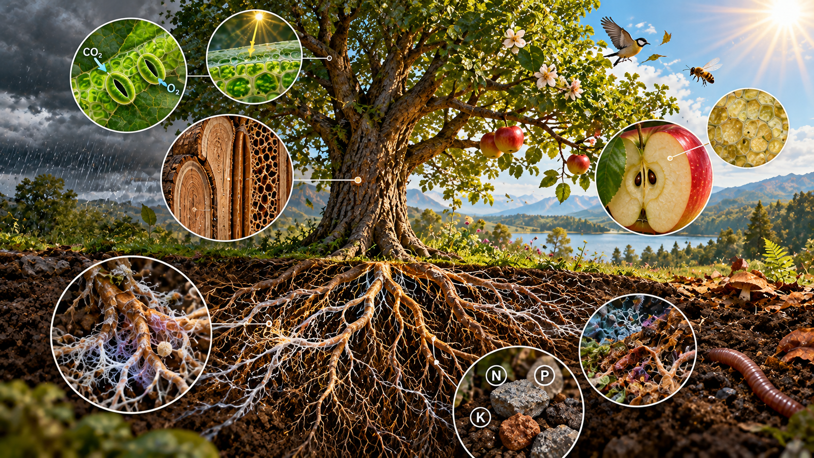 A tree sustains life through sunlight, water, gas exchange, minerals, and interaction with its ecosystem